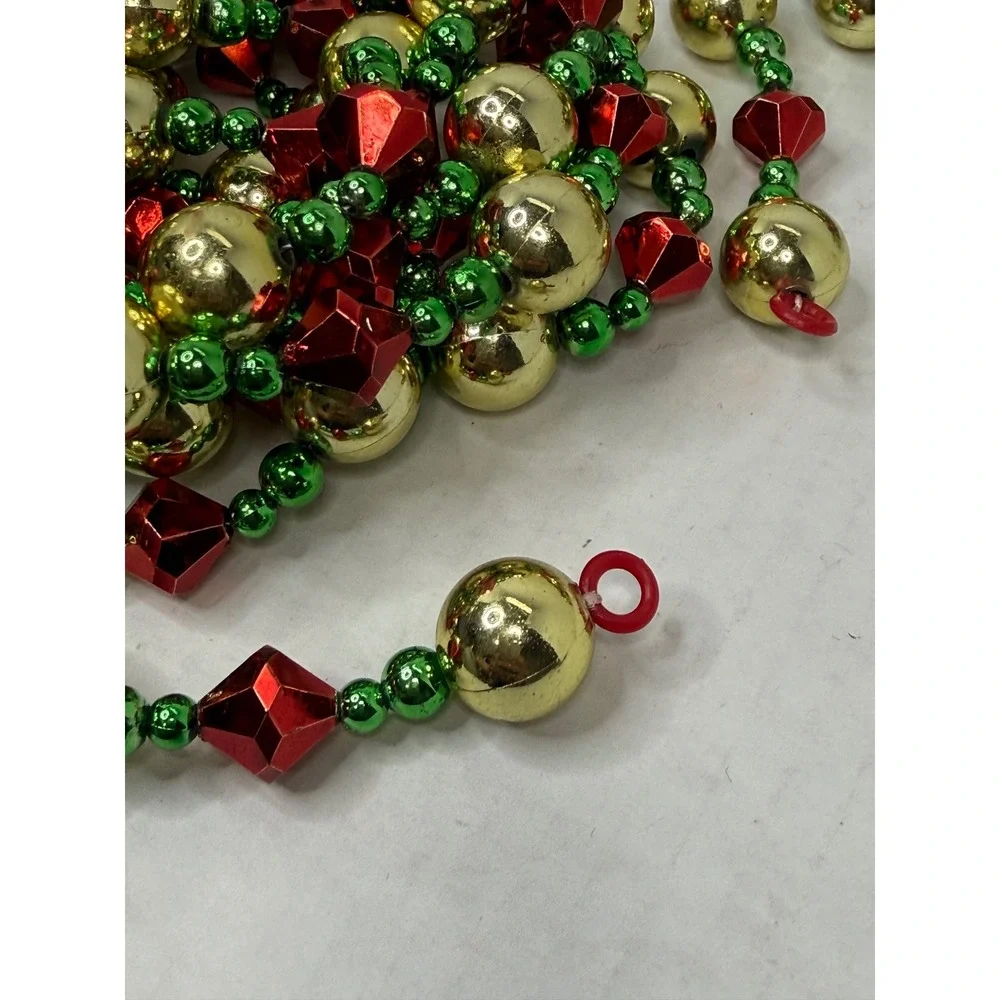 Vintage Christmas Tree Garland Red Gold Green Beaded 3 Strand Lot 9' Plastic